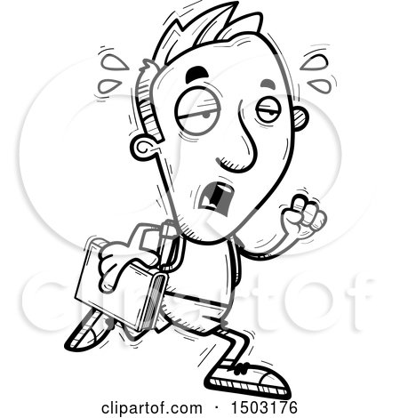Clipart of a Black and White Tired Running Male College Student - Royalty Free Vector Illustration by Cory Thoman