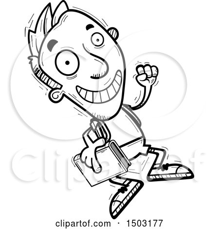 Clipart of a Black and White Jumping Male College Student - Royalty Free Vector Illustration by Cory Thoman