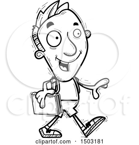 Clipart of a Black and White Walking Male College Student - Royalty Free Vector Illustration by Cory Thoman
