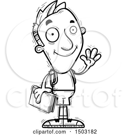 Clipart of a Black and White Waving Male College Student - Royalty Free Vector Illustration by Cory Thoman