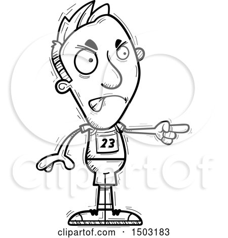 Clipart of a Black and White Mad Pointing Male Track and Field Athlete - Royalty Free Vector Illustration by Cory Thoman