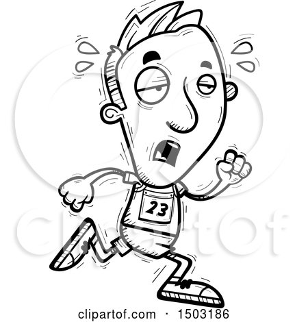 Clipart of a Black and White Tired Running Male Track and Field Athlete - Royalty Free Vector Illustration by Cory Thoman