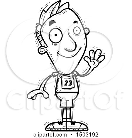 Clipart of a Black and White Waving Male Track and Field Athlete - Royalty Free Vector Illustration by Cory Thoman