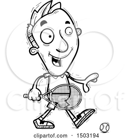 Clipart of a Black and White Walking Caucasian Man Tennis Player - Royalty Free Vector Illustration by Cory Thoman