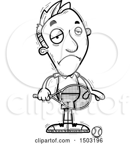 Clipart of a Black and White Sad Caucasian Man Tennis Player - Royalty Free Vector Illustration by Cory Thoman
