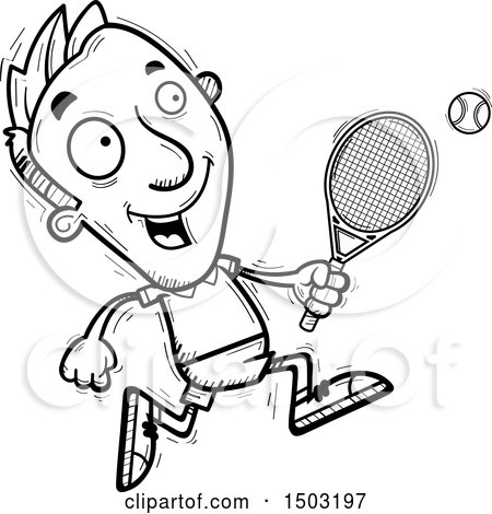 Clipart of a Black and White Running Caucasian Man Tennis Player - Royalty Free Vector Illustration by Cory Thoman