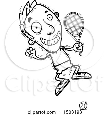 Clipart of a Black and White Jumping Caucasian Man Tennis Player - Royalty Free Vector Illustration by Cory Thoman