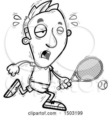Clipart of a Black and White Tired Caucasian Man Tennis Player - Royalty Free Vector Illustration by Cory Thoman