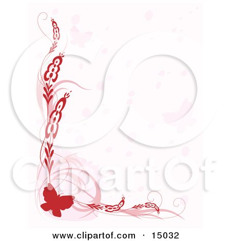 Pretty Red Butterfly Border With Plants And Faded Butterflies Over White, Which Would Be Great For Stationery Clipart Illustration by Maria Bell