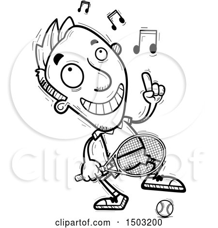 Clipart of a Black and White Dancing Happy Caucasian Man Tennis Player - Royalty Free Vector Illustration by Cory Thoman