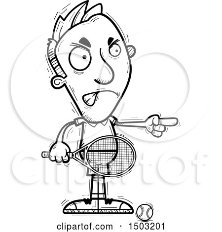 Clipart of a Black and White Mad Pointing Caucasian Man Tennis Player - Royalty Free Vector Illustration by Cory Thoman