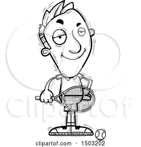 Clipart of a Black and White Confident Caucasian Man Tennis Player - Royalty Free Vector Illustration by Cory Thoman