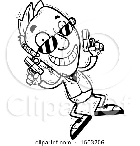 Clipart of a Black and White Jumping Caucasian Man Secret Service Agent - Royalty Free Vector Illustration by Cory Thoman