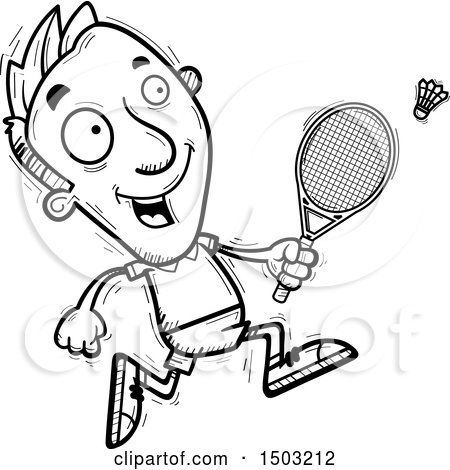 Clipart of a Black and White Running Caucasian Man Badminton Player - Royalty Free Vector Illustration by Cory Thoman