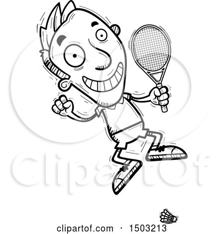 Clipart of a Black and White Jumping Energetic Caucasian Man Badminton Player - Royalty Free Vector Illustration by Cory Thoman