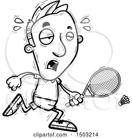 Clipart of a Black and White Tired Running Caucasian Man Badminton Player - Royalty Free Vector Illustration by Cory Thoman