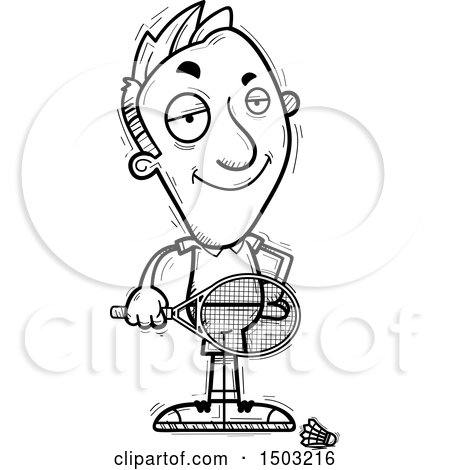 Clipart of a Black and White Confident Caucasian Man Badminton Player - Royalty Free Vector Illustration by Cory Thoman