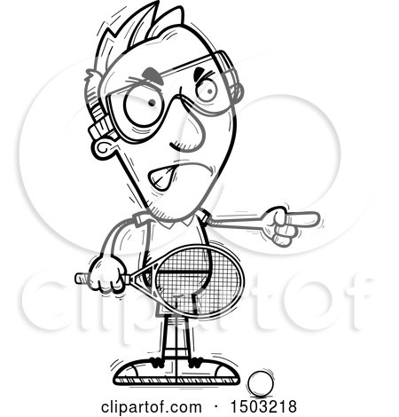 Clipart of a Black and White Mad Pointing Caucasian Man Racquetball Player - Royalty Free Vector Illustration by Cory Thoman
