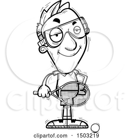 Clipart of a Black and White Confident Caucasian Man Racquetball Player - Royalty Free Vector Illustration by Cory Thoman