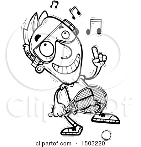 Clipart of a Black and White Dancing Caucasian Man Racquetball Player - Royalty Free Vector Illustration by Cory Thoman