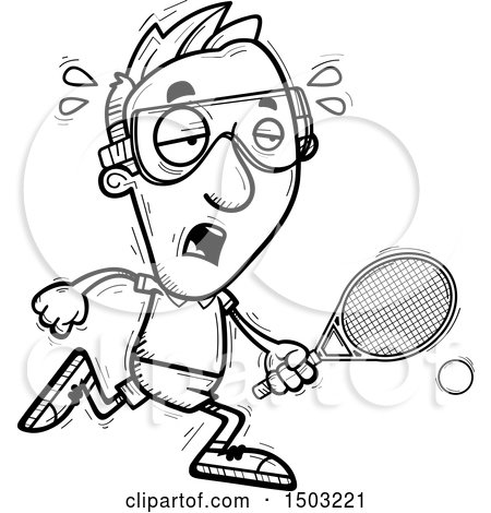 Clipart of a Black and White Tired Running Caucasian Man Racquetball Player - Royalty Free Vector Illustration by Cory Thoman