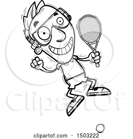 Clipart of a Black and White Jumping Caucasian Man Racquetball Player - Royalty Free Vector Illustration by Cory Thoman