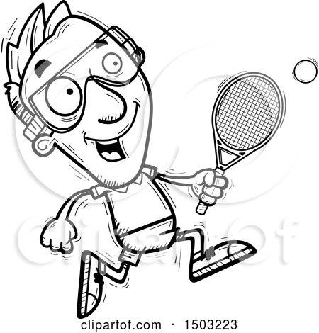 Clipart of a Black and White Running Caucasian Man Racquetball Player - Royalty Free Vector Illustration by Cory Thoman