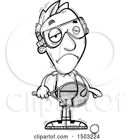 Clipart of a Black and White Sad Caucasian Man Racquetball Player - Royalty Free Vector Illustration by Cory Thoman