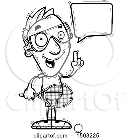 Clipart of a Black and White Talking Caucasian Man Racquetball Player - Royalty Free Vector Illustration by Cory Thoman