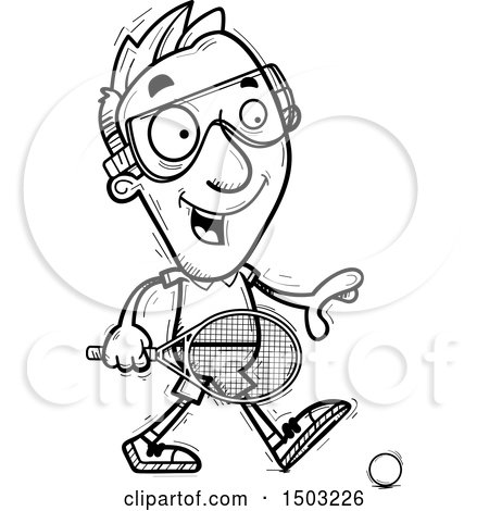 Clipart of a Black and White Walking Caucasian Man Racquetball Player - Royalty Free Vector Illustration by Cory Thoman