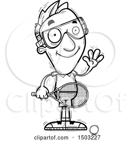 Clipart of a Black and White Waving Caucasian Man Racquetball Player - Royalty Free Vector Illustration by Cory Thoman