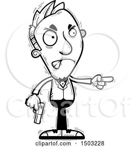 Clipart of a Black and White Mad Pointing Caucasian Man Spy - Royalty Free Vector Illustration by Cory Thoman