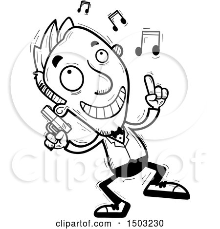 Clipart of a Black and White Dancing Caucasian Man Spy - Royalty Free Vector Illustration by Cory Thoman