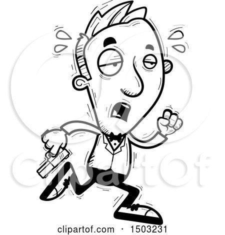 Clipart of a Black and White Tired Running Caucasian Man Spy - Royalty Free Vector Illustration by Cory Thoman