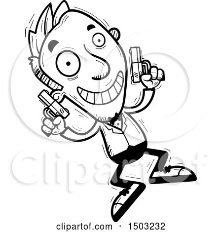 Clipart of a Black and White Jumping Caucasian Man Spy - Royalty Free Vector Illustration by Cory Thoman