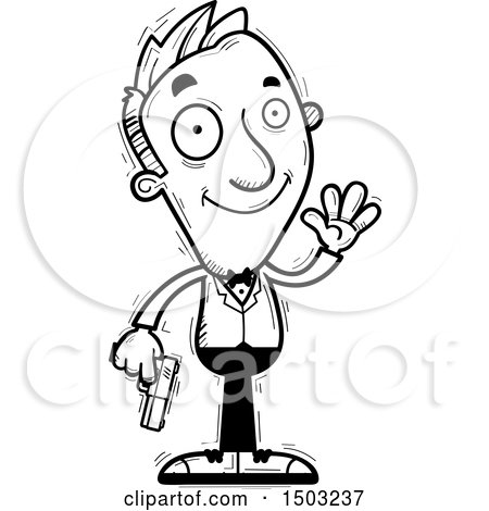 Clipart of a Black and White Waving Caucasian Man Spy - Royalty Free Vector Illustration by Cory Thoman