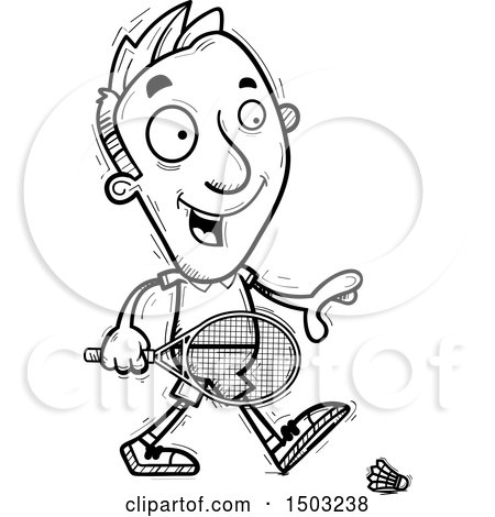 Clipart of a Black and White Walking Caucasian Man Badminton Player - Royalty Free Vector Illustration by Cory Thoman