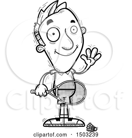 Clipart of a Black and White Waving Caucasian Man Badminton Player - Royalty Free Vector Illustration by Cory Thoman