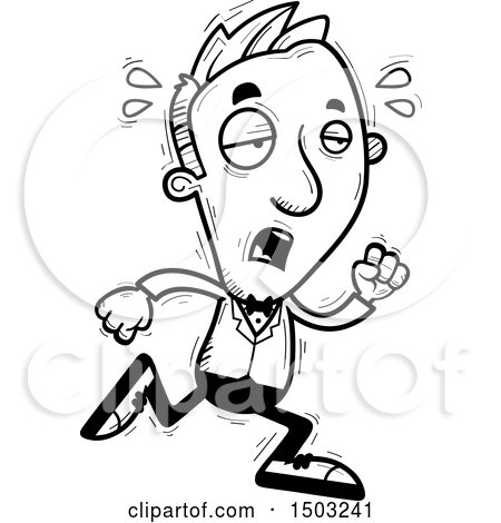 Clipart of a Black and White Tired Running Caucasian Man in a Tuxedo - Royalty Free Vector Illustration by Cory Thoman