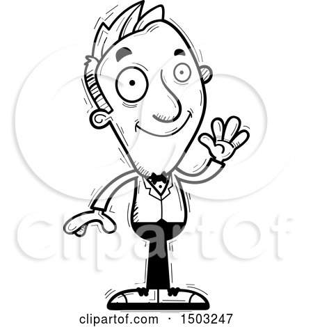 Clipart of a Black and White Waving Caucasian Man in a Tuxedo - Royalty Free Vector Illustration by Cory Thoman