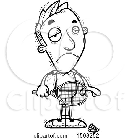 Clipart of a Black and White Sad Caucasian Man Badminton Player - Royalty Free Vector Illustration by Cory Thoman