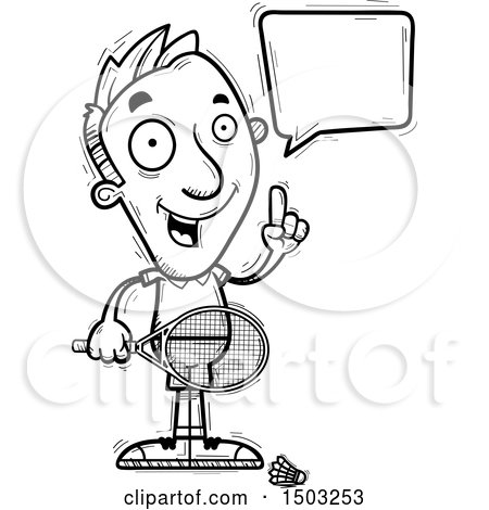 Clipart of a Black and White Talking Caucasian Man Badminton Player - Royalty Free Vector Illustration by Cory Thoman