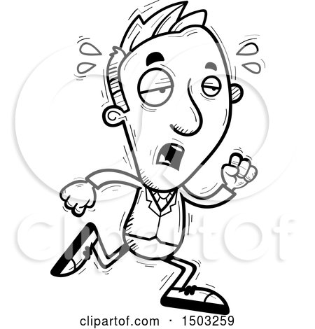 Clipart of a Black and White Tired Running Caucasian Business Man - Royalty Free Vector Illustration by Cory Thoman