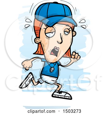 Clipart of a Tired Running White Female Coach - Royalty Free Vector Illustration by Cory Thoman