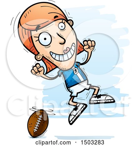 Clipart of a Jumping White Female Football Player - Royalty Free Vector Illustration by Cory Thoman