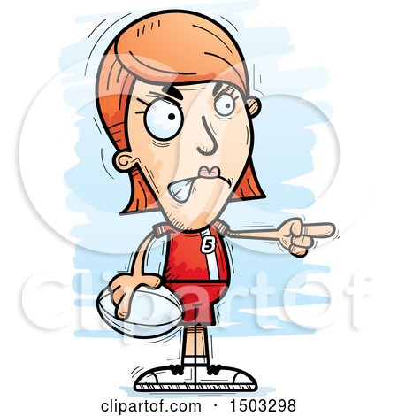 Clipart of a Mad Pointing White Female Rugby Player - Royalty Free Vector Illustration by Cory Thoman