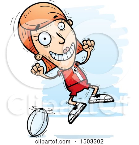 Clipart of a Jumping White Female Rugby Player - Royalty Free Vector Illustration by Cory Thoman