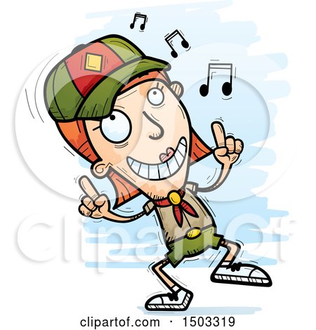 Clipart of a White Female Scout Doing a Happy Dance - Royalty Free Vector Illustration by Cory Thoman