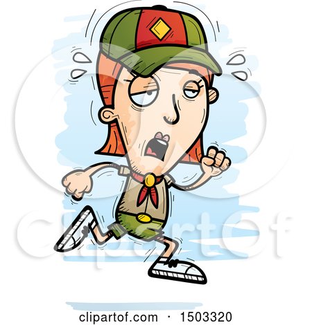 Clipart of a Tired Running White Female Scout - Royalty Free Vector Illustration by Cory Thoman