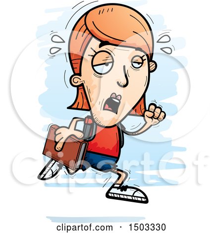 Clipart of a Tired Running White Female Student - Royalty Free Vector Illustration by Cory Thoman